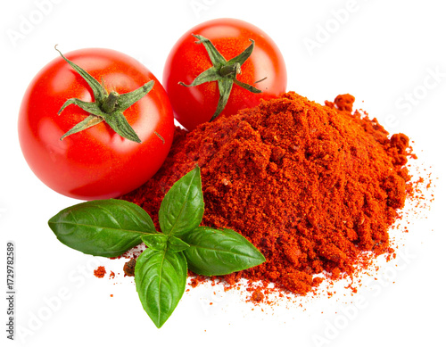 Tomato powder isolated on white, presented in a ceramic bowl.