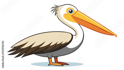 Cute Cartoon Pelican with a Long Beak Standing on the Ground