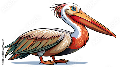 Cartoon illustration of a colorful pelican standing on a light blue surface