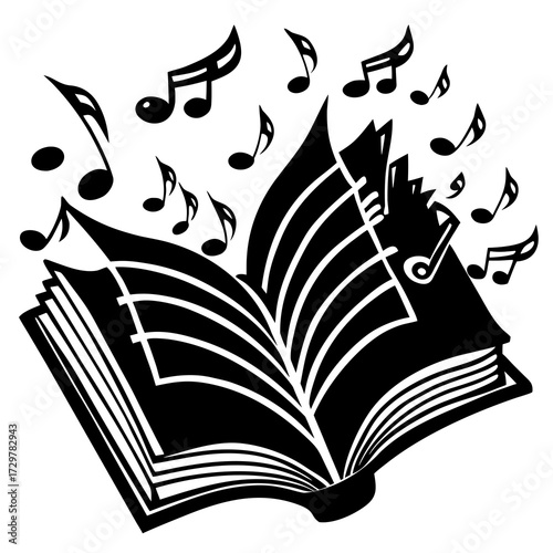 Open songbook with music notes floating up, creating beautiful melody concept