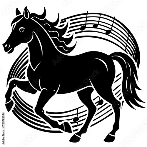 Dynamic black horse gallops with musical notes in artistic swirling design