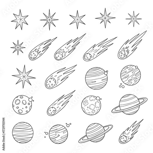 Set of Hand-Drawn Outer Space Icons: Various Stars, Comets, Planets, and Moons in Outline Style