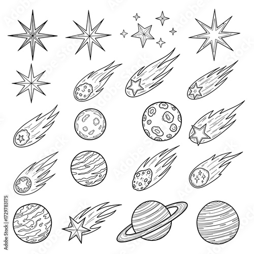 Extensive Collection of Hand-Drawn Space Elements: Stars, Planets, Moons, and Shooting Stars