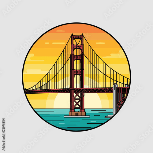 Golden Gate Bridge at Sunset in Circular Frame, Cartoon Vector Illustration