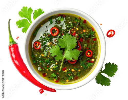 A vibrant green sauce in a white bowl, garnished with cilantro and chili peppers