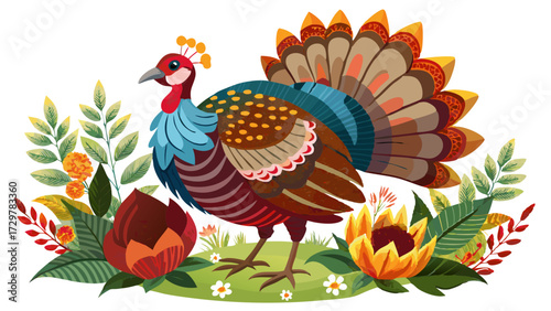 Artistic Turkey with Floral Surroundings in Vibrant Cartoon Illustration Style