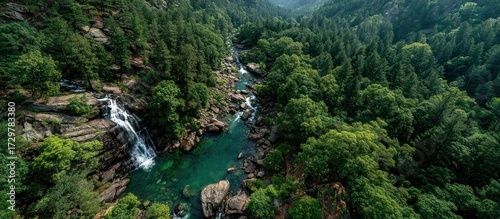 Aerial View of Pristine Waterfall and Vibrant Turquoise River Winding Through Lush Green Forest