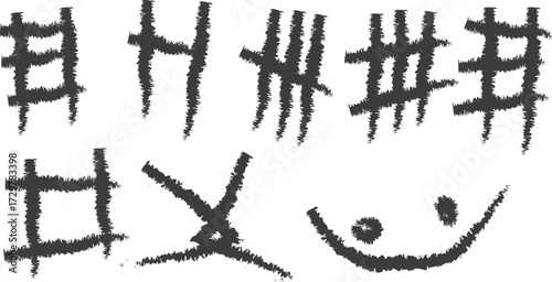 Primitive tally marks and simple face drawing in dark gray on white counting ancient