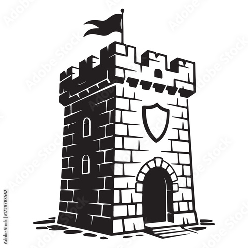 Stronghold Sentinel A Medieval Castle Tower with Flag Shield and Stone Architecture Depicted in Black and White