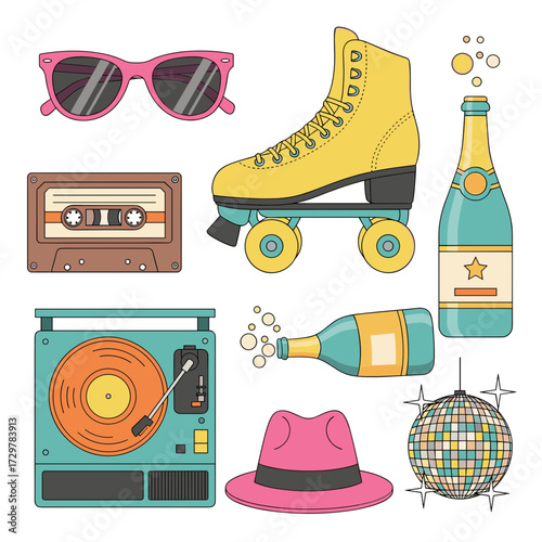 Retro 80s Party Vector Illustration Set with Roller Skate, Cassette, Sunglasses, Champagne, Turntable, Disco Ball.