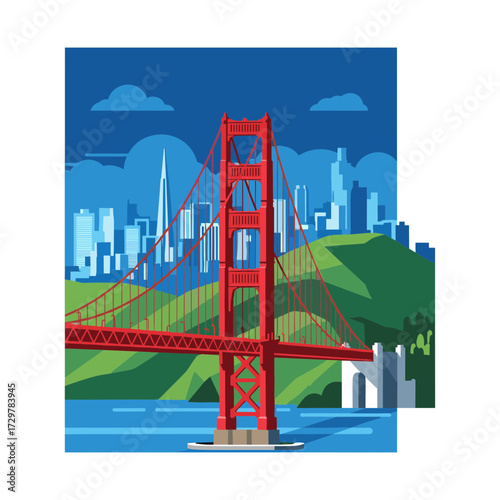Iconic Golden Gate Bridge with San Francisco City Skyline in the Background, Vector Illustration.