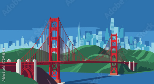 Panoramic Vector Illustration of Golden Gate Bridge with San Francisco City Skyline and Bay Area.