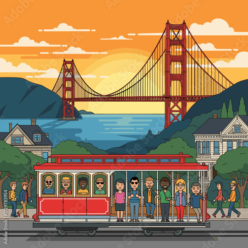San Francisco Cable Car with Diverse People, Golden Gate Bridge and Sunset Cityscape Vector Illustration.