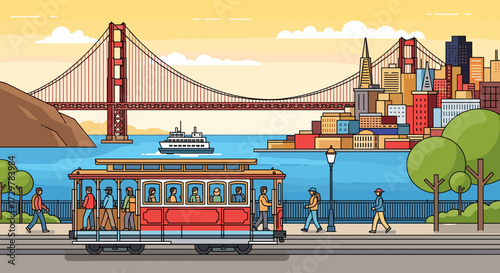 San Francisco Cityscape with Cable Car, Golden Gate Bridge, Ferry, and Waterfront People, Vector Illustration.
