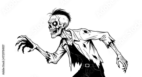 Terrifying Hand-Drawn Zombie Reaching Out, Undead Monster Black and White Illustration.