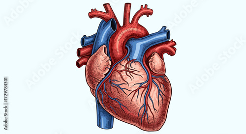 Detailed Human Heart Anatomy Vector Illustration with Arteries and Veins on White Background