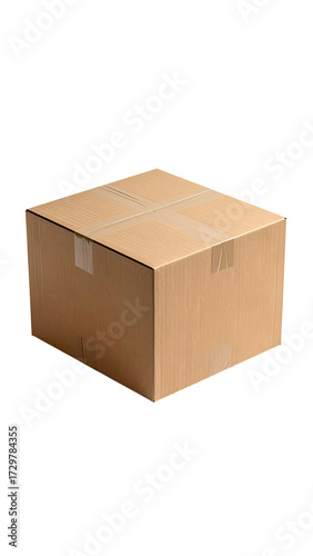 A tan cardboard box, square-shaped, with taped seams