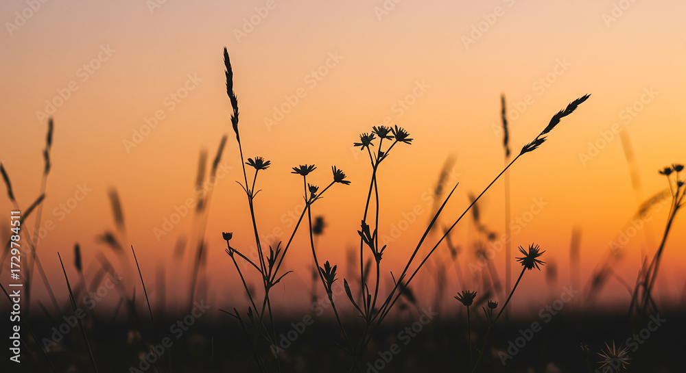 Obraz premium Silhouette of Wildflowers and Grass During Sunset in Natural Landscape