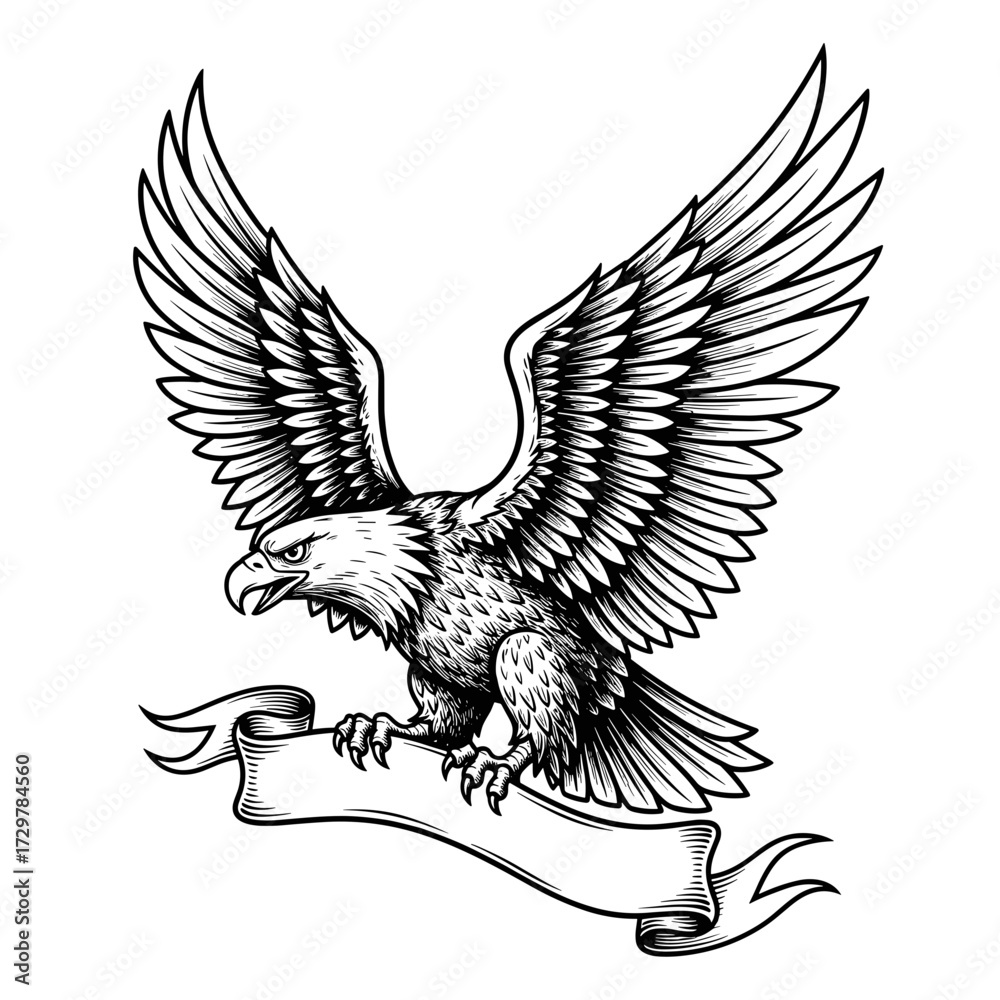 Obraz premium Majestic Bald Eagle with Spread Wings Holding Blank Banner Vector Hand Drawn Sketch Illustration