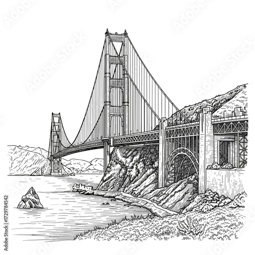Golden Gate Bridge with Coastal Landscape San Francisco Hand Drawn Sketch Vector Illustration
