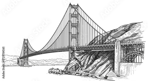 Golden Gate Bridge with Coastal Landscape San Francisco Hand Drawn Sketch Vector Illustration