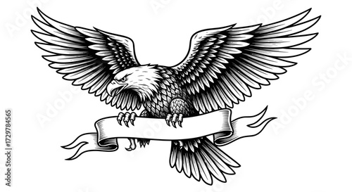 Majestic Bald Eagle with Spread Wings Holding Blank Banner Vector Hand Drawn Sketch Illustration