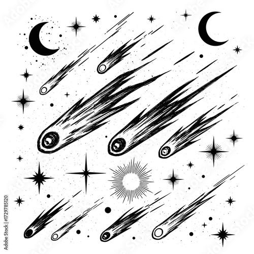 Collection of celestial objects including shooting stars, moons, and twinkling stars, vector set.