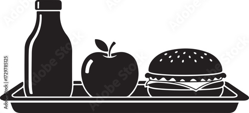 Black and white illustration of a school lunch tray