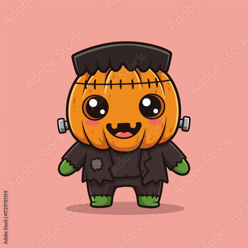 Cute pumpkin-headed character with stitched top and bolts, dressed in tattered black outfit with green gloves and boots, standing on a pink background.