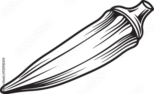 Black and white illustration of an okra pod vegetable