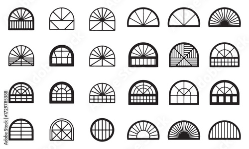 Elegant Semicircular Window Variety Black and White Line Art Collection of Arched Window Designs for Architectural Inspiration and Window Style Selection