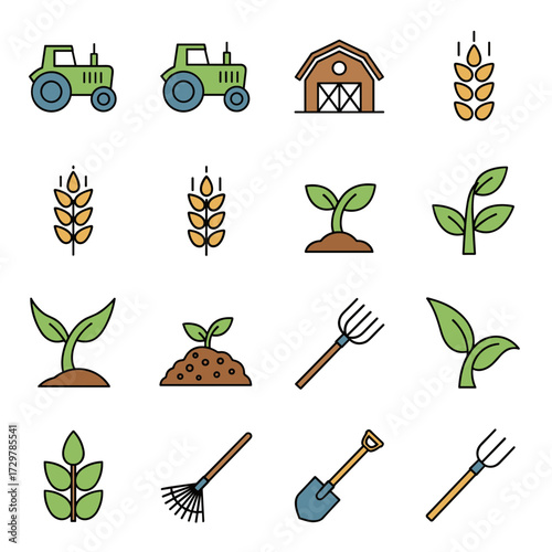 Farming and Agriculture Icons Set with Tractor, Barn, Crops, Tools, and Plants in Flat Outline Style