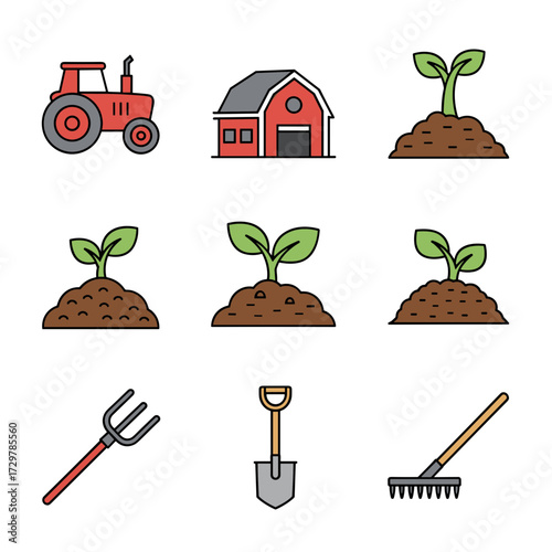 Agriculture and Gardening Icon Set with Farm Equipment, Buildings, and Cultivation Elements in Flat Style