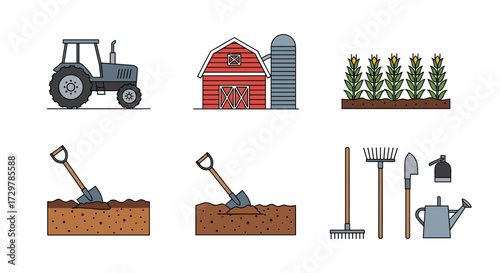 Colorful Farm and Agriculture Icons Set with Tractor, Barn, Crops, and Garden Tools