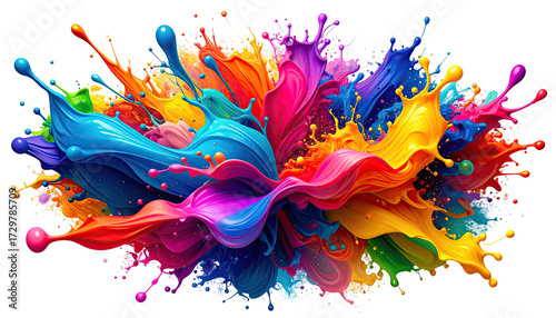 Abstract explosion of vibrant, flowing paint colors.  A dynamic, colorful burst of paint splashes radiate outward from a central point, creating a swirling, artistic effect