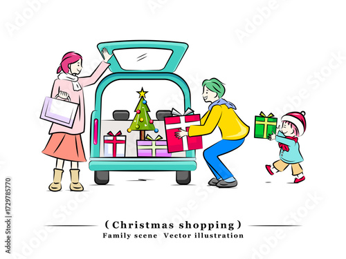 クリスマスの買い物(プレゼント)を車に積むファミリー｜家族シリーズ