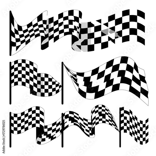 Set of waving checkered flags, symbolizing racing, victory, finish line, and automotive events, depicted with dynamic movement.
