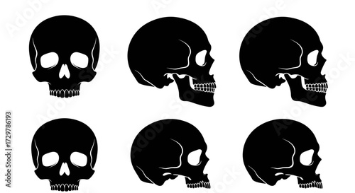 Simple set of black skull silhouettes from front and side perspectives, suitable for minimalist designs related to danger, rebellion, or mortality.