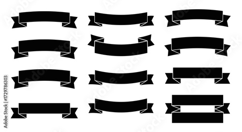 Extensive collection of black banner ribbons in diverse shapes and styles, ideal for adding labels, titles, or decorative flair to designs.