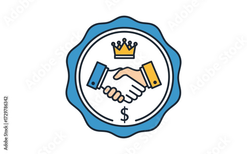 Illustration of a handshake with a crown and dollar sign inside a blue scalloped oval emblem design