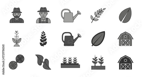 Line art with fill icon set for farming and agriculture, including a farmer, watering can, various plant stages, leaves, wheat, and barns.