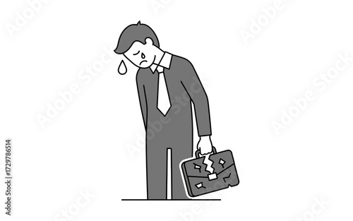 Illustration of a sad businessman with a tear and a broken briefcase standing in a state of dejection and loss
