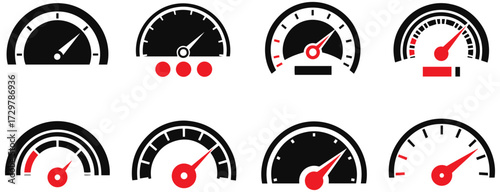 Diverse speedometers and gauges showcase performance metrics for business and technology applications