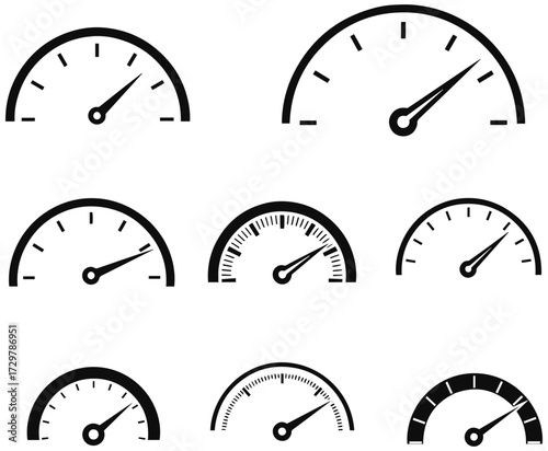 Diverse collection of modern speedometer and gauge icons symbolizing speed, performance, and progress