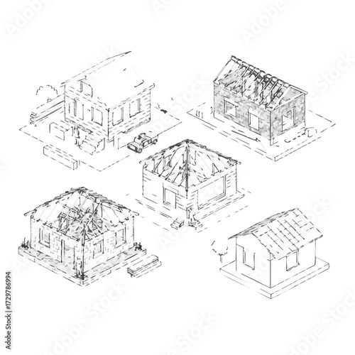 An intricate collection of hand-drawn architectural sketches showcasing diverse residential house structures and construction phases, ideal for urban planning or building projects.