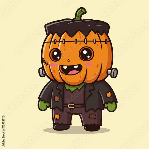 Smiling pumpkin-headed character with stitched forehead and bolts, wearing a green body and patched black outfit on a light yellow background.