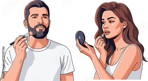 Illustration of man applying makeup with brush and woman using lipstick while holding mirror, beauty concept vector art design.