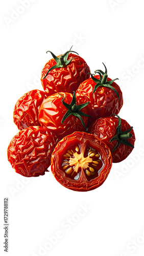 Close-up of sun-dried tomatoes, clustered and overlapping.  Some sliced open, revealing interior.  Deep red color