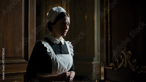 Caucasian woman in maid uniform stands by doorway in a dark room, servant girl in old house, footage