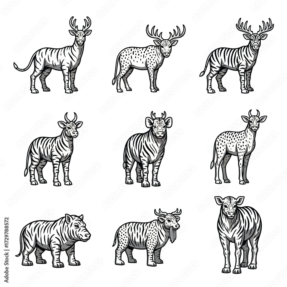 Obraz premium Collection of deer and tiger hybrid vector illustration